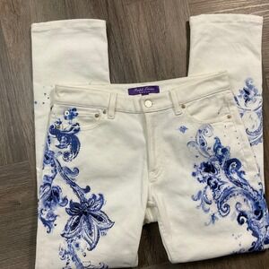 Ralph Lauren Collection 160 Paisley Slim Jeans Womens 28 White Blue Sequin Italy